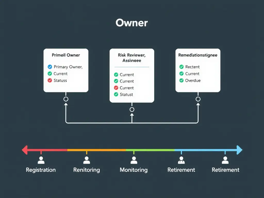 A governance inventory table with columns for Use Case, Owner, Last Review Date, Remediation Status, and Next Action. Named owner cells glow green when actions are current and turn amber with a warning clock icon when overdue, emphasizing continuous accountability. An inset panel shows an anonymous-owner row with a question-mark icon and a red 'Unresolvable' tag, contrasting with the named-owner rows that have clear remediation audit trails.