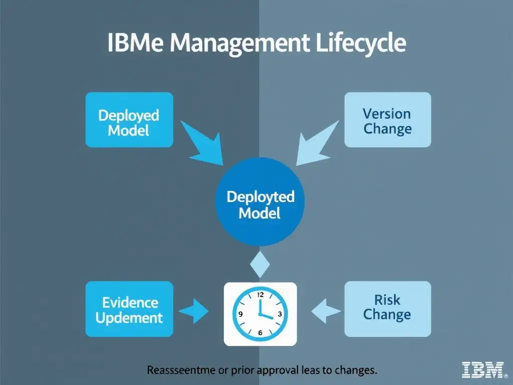 A version timeline for an AI model showing v1.0 with an approved governance stamp, then a 'Material Change Event' marker followed by a mandatory 'Reassessment Required' gate before v2.0 is approved. A second timeline labeled 'No Change Management' skips the gate and deploys v2.0 directly, with a red 'Governance Gap' flag. IBM watsonx.governance icons annotate the gate: risk re-evaluation, updated factsheet, new sign-off signature.