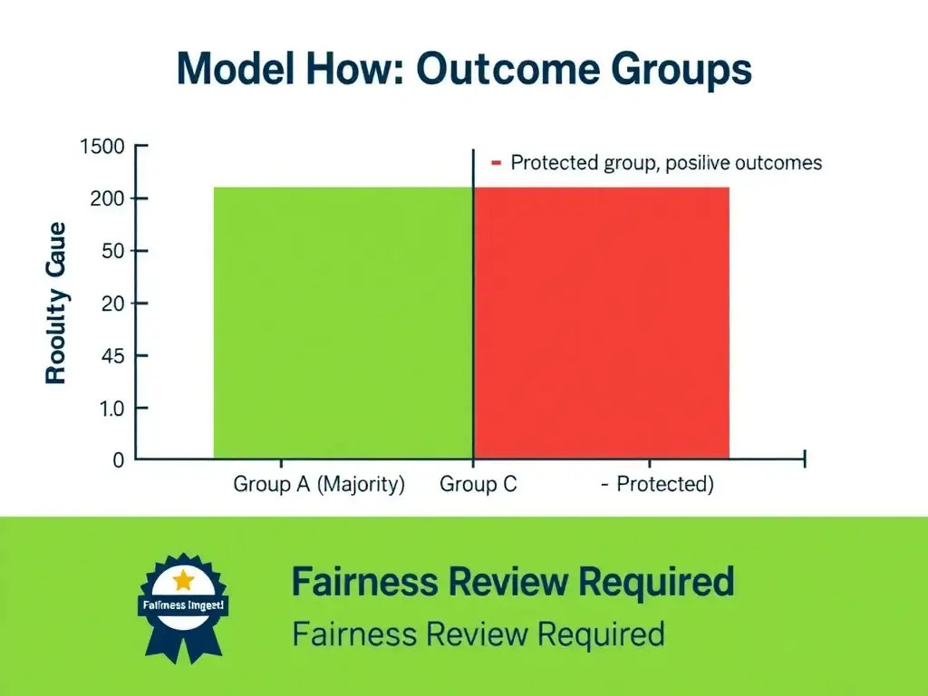 A grouped bar chart comparing model outcomes across four demographic groups (Group A through D) for both a majority group and three protected groups. The majority group bar is green while protected group bars show disparity gaps highlighted in red. An inset labeled 'Aggregate View Only' shows a single blended bar that hides all group differences. Flow arrows connect the group-level analysis to an IBM watsonx.governance fairness monitoring dashboard with remediation action items.