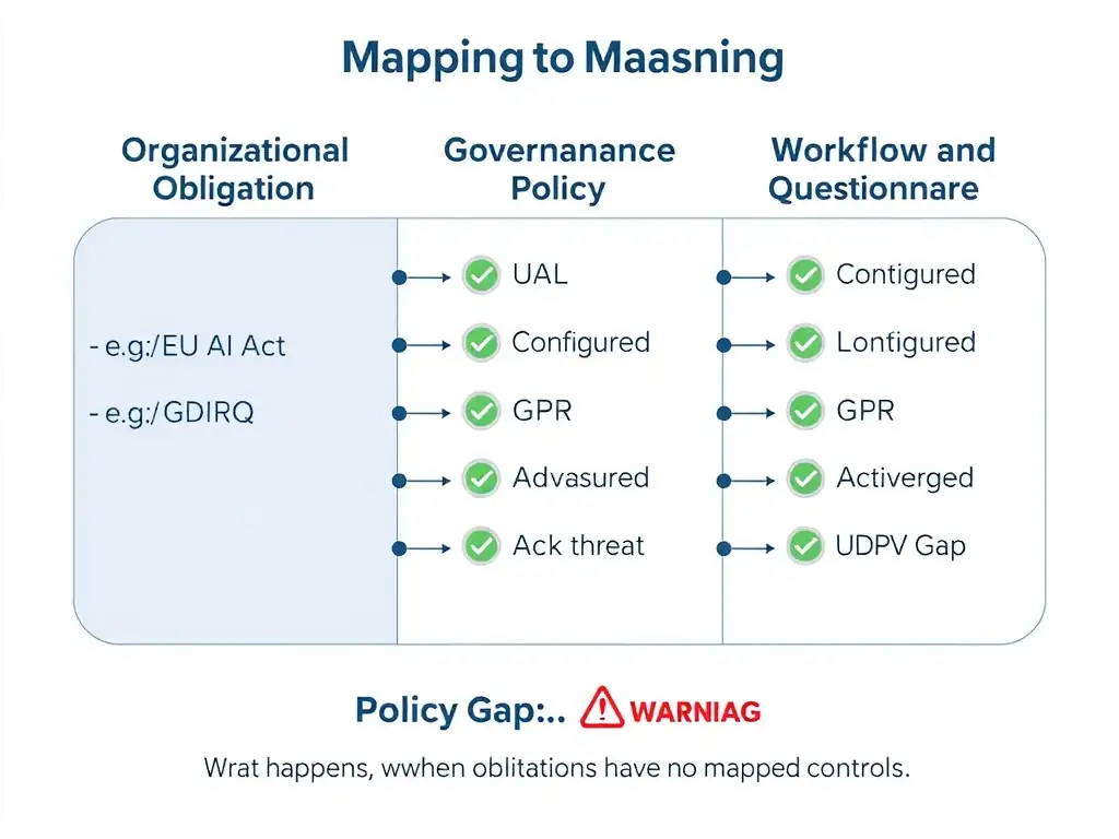 A three-column layout showing: left column — organizational governance obligations (GDPR, internal AI policy, sector regulation) as a checklist; center column — IBM watsonx.governance policy configuration interface with questionnaires and workflow settings mapped to each obligation; right column — approved policy confirmation with sign-off status. Red X marks appear in the center column where default text has not been mapped to obligations, illustrating the gap between out-of-the-box setup and configured governance.