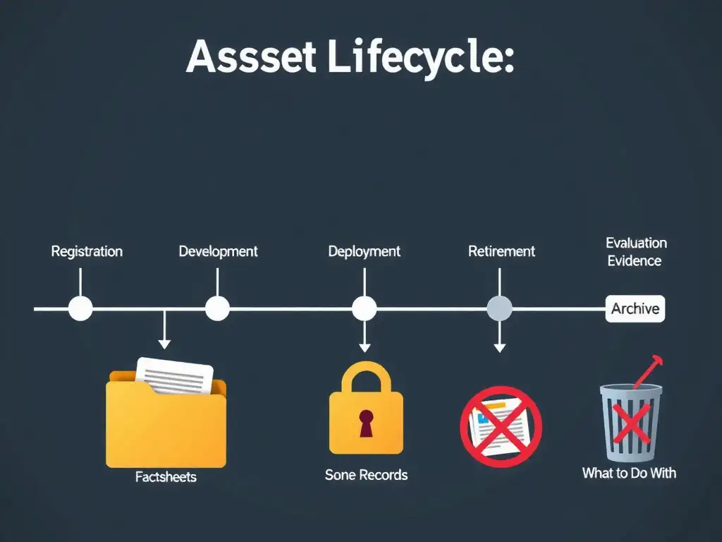 A lifecycle timeline ending at the 'Retirement' stage, where an AI model transitions from 'Active' to 'Archived' with a preservation vault icon holding all associated evidence: factsheets, evaluation records, approval history, and audit logs. A split path shows the correct archive route (evidence preserved, model deactivated in inventory) versus an incorrect deletion route (all records destroyed, red X marks throughout). Retention period labels indicate regulatory evidence-hold requirements.