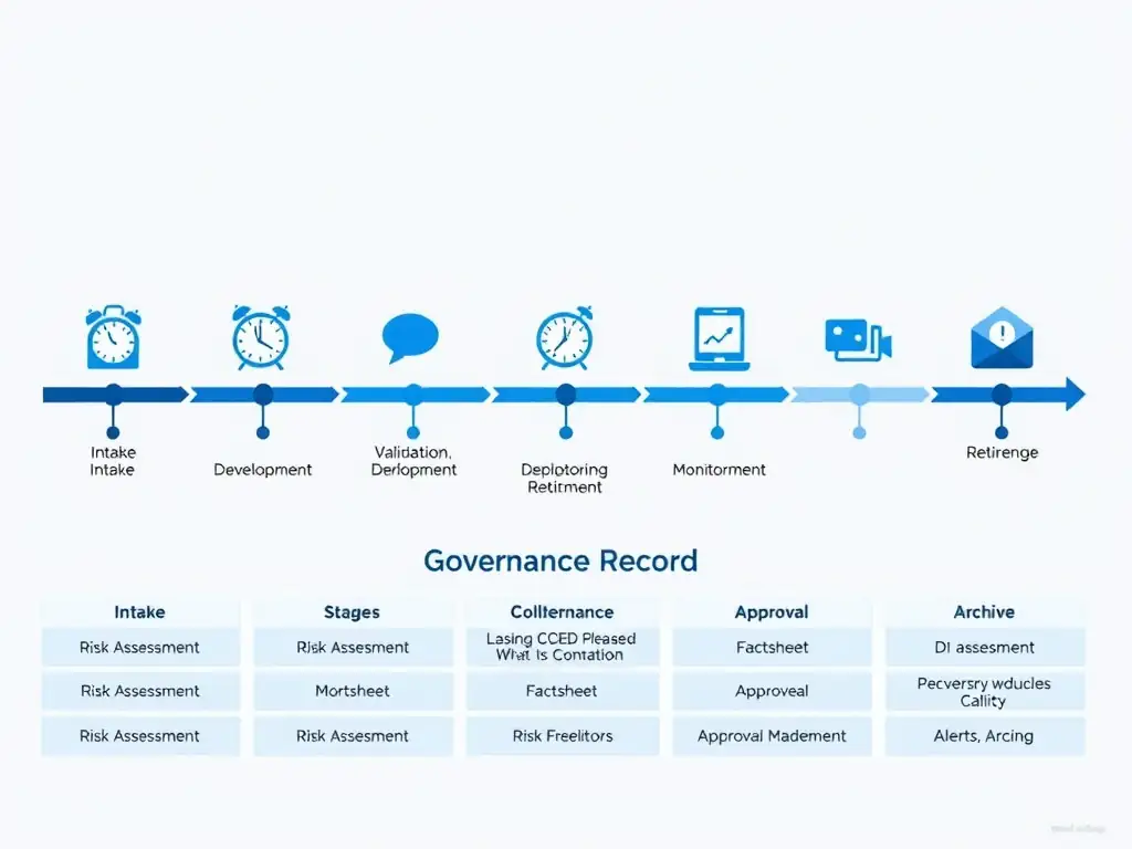 A horizontal lifecycle pipeline with six stages represented as connected nodes: Intake, Development, Validation, Deployment, Monitoring, Retirement. Each node has an IBM watsonx.governance artifact icon (factsheet entry, evaluation record, approval stamp, monitoring dashboard, retirement archive). Arrow labels between nodes show the governance handoff at each transition. A second abbreviated pipeline starts only at 'Deployment' with a red 'Tracking Gap' warning covering the first four stages.