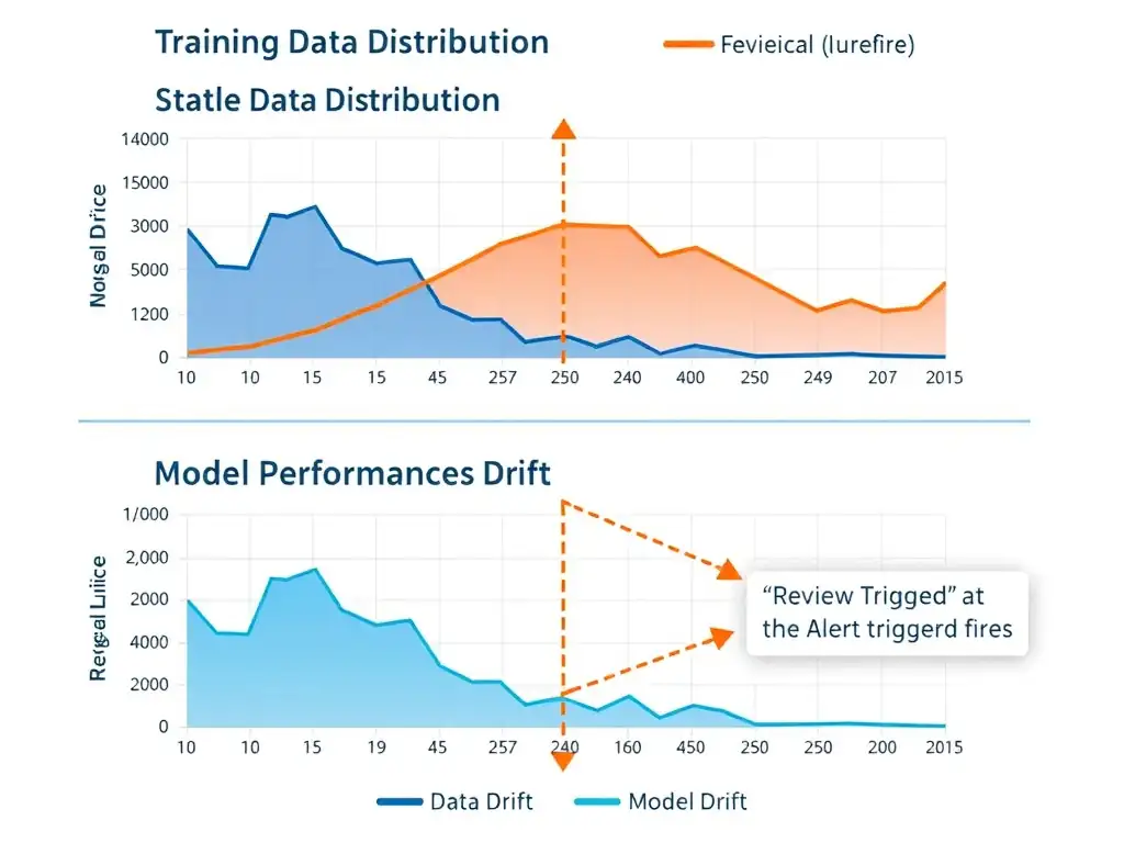 A two-panel time-series chart: the top panel shows data distribution shift over six months post-deployment (training data distribution vs. live inference distribution diverging), and the bottom panel shows model performance metrics declining in parallel. A vertical 'Drift Alert Triggered' line appears when the divergence exceeds the configured threshold, with a callout to the model owner. A second scenario panel labeled 'Monitoring Disabled' shows the same divergence with no alert line and a 'Silent Failure' stamp.