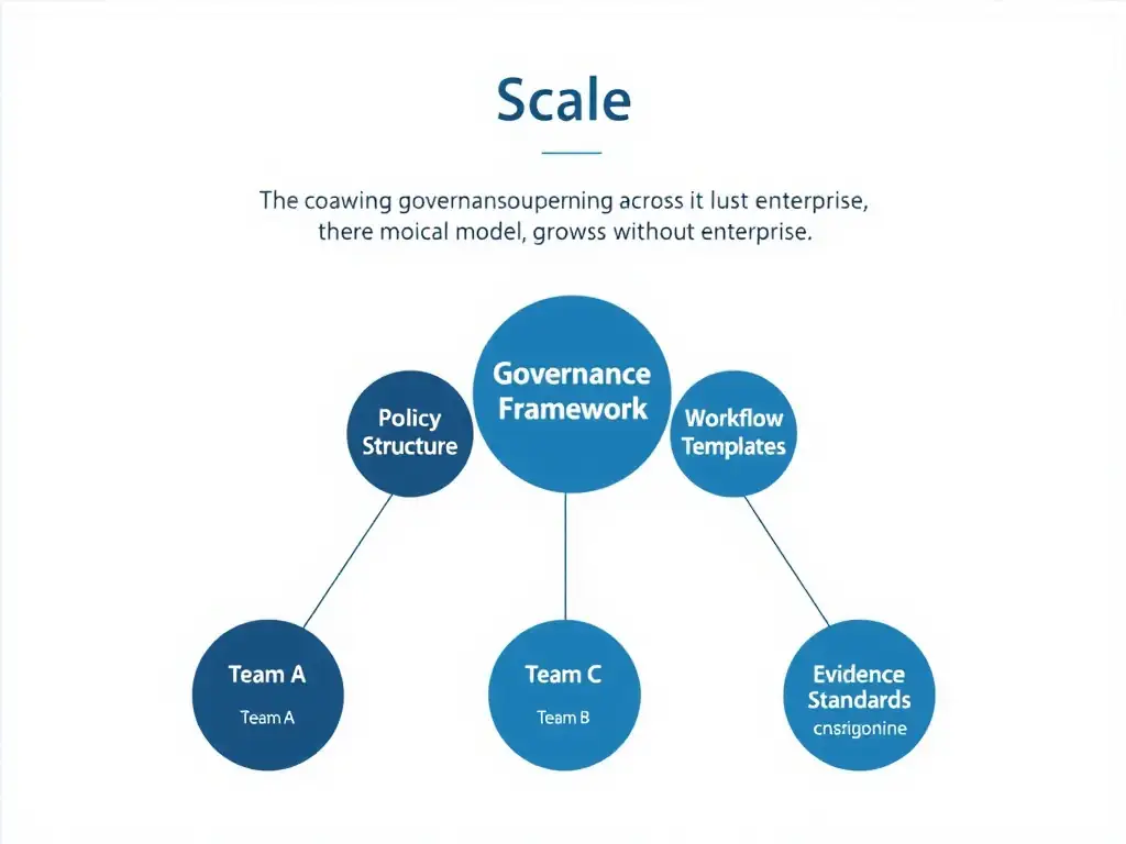 A hub-and-spoke diagram with 'Governance Operating Model' at the center and four spokes labeled Ownership, Policies, Workflows, and Evidence. Each spoke connects to a team icon (data science, legal, risk, business) showing how a shared governance model scales across departments. A contrasting panel shows four isolated team boxes with different, incompatible approval icons and 'No Shared Model' text, illustrating governance fragmentation when each team invents its own approach.