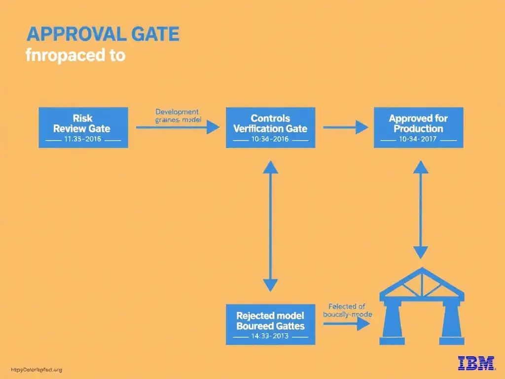 A horizontal lifecycle bar divided into stages: Intake, Development, Validation, Deployment — each with a structured approval gate icon showing a checklist, reviewer badge, and sign-off signature. Flow arrows connect each gate in sequence with IBM watsonx.governance branding on each checkpoint. A contrast path below the bar shows an informal 'Email Thread' path skipping all gates and arriving at deployment with a red 'Unapproved' stamp and an audit-failure warning flag.