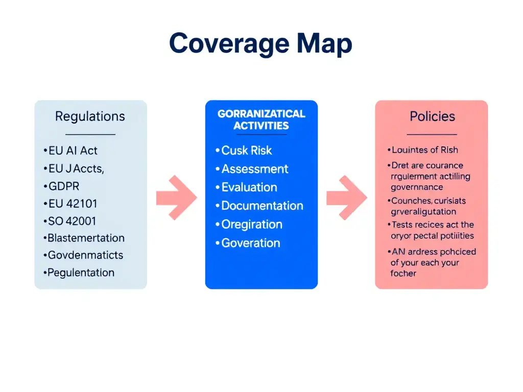 A governance map showing multiple overlapping regulatory frameworks — GDPR, EU AI Act, NIST AI RMF, internal policy — as colored overlay zones on a shared 'AI Governance Activities' grid. Each grid cell shows which activities (bias audit, data lineage, impact assessment) are required by which framework, with IBM watsonx.governance as the implementing platform. A contrast inset shows a single-policy box applied uniformly across all jurisdictions with red X marks where requirements are missed.