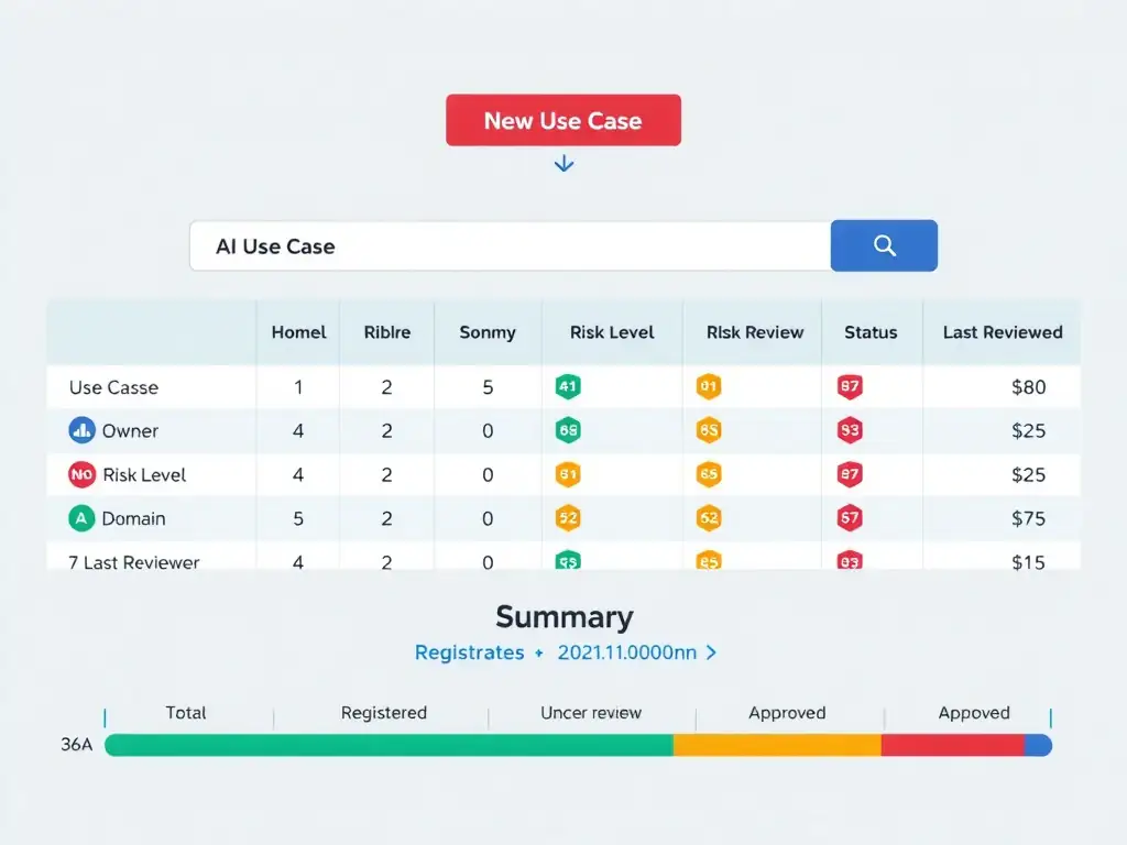 A structured dashboard view showing an AI use-case registry with columns for use case name, owner, risk level, assessment status, and governance workflow stage. Colored status badges (green=governed, yellow=in-review, red=unregistered) highlight the value of structured inventory versus an inset showing scattered sticky notes representing informal tracking. IBM blue header bar with the watsonx.governance logo anchors the layout, with arrows flowing from registration through assessment to governance approval.