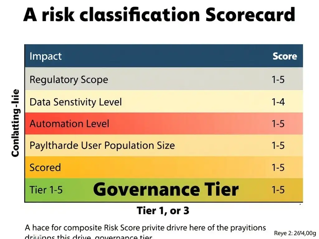 A five-axis radar chart labeled with Impact, Regulation, Data Sensitivity, Automation Level, and User Population overlaid on a risk heat map moving from green (low) to red (high). Two AI use cases are plotted — one high-risk showing full radar coverage and one incorrectly classified as low-risk with a minimal plot — demonstrating the consequence of single-metric classification. IBM-branded color scheme with annotation callouts pointing to each axis explaining its governance significance.