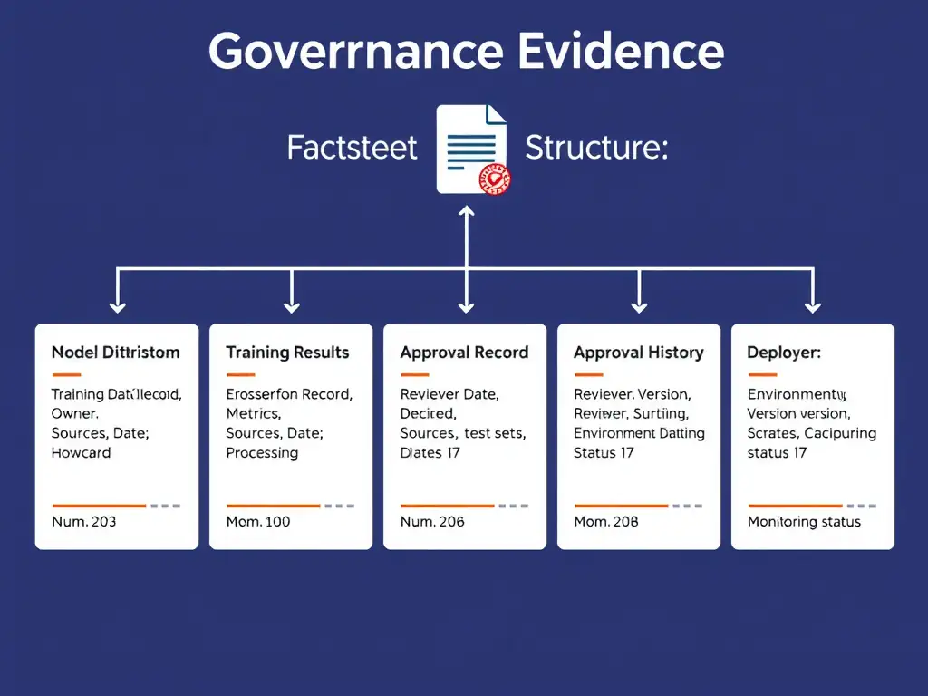 A split view showing an IBM watsonx.governance factsheet on the left — with sections for model purpose, data lineage, evaluation results, and key decisions — next to a blank slide deck on the right labeled 'Missing Evidence.' Flow arrows trace how factsheet entries connect to audit review, regulatory inquiry, and compliance sign-off. Warning icons flag the slide deck path at each point where evidence would be required but unavailable.