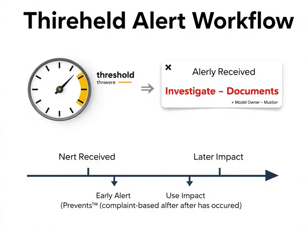 A monitoring dashboard timeline showing a model's fairness score trending downward, with a threshold line marked 'Alert Zone' crossed well before the 'Operational Damage' line at the bottom. An alert notification badge appears at the threshold crossing, routing to a named model owner with a remediation task. A second timeline labeled 'No Threshold Set' shows the same metric crossing into damage territory with no notification, illustrating the governance gap.