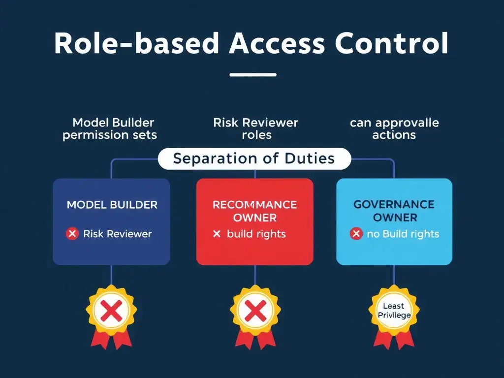 An org-chart style diagram showing three governance roles — Model Owner, Risk Reviewer, and Governance Admin — each with a distinct badge color and a list of permitted actions. Dotted red-X lines block cross-role actions (e.g., Model Owner cannot approve their own model; Governance Admin cannot modify evidence after sign-off). A contrast panel shows 'All-Owner Configuration' with a single badge for every person and a chaos icon, versus the structured role layout with a checkmark labeled 'Separation of Duties.'