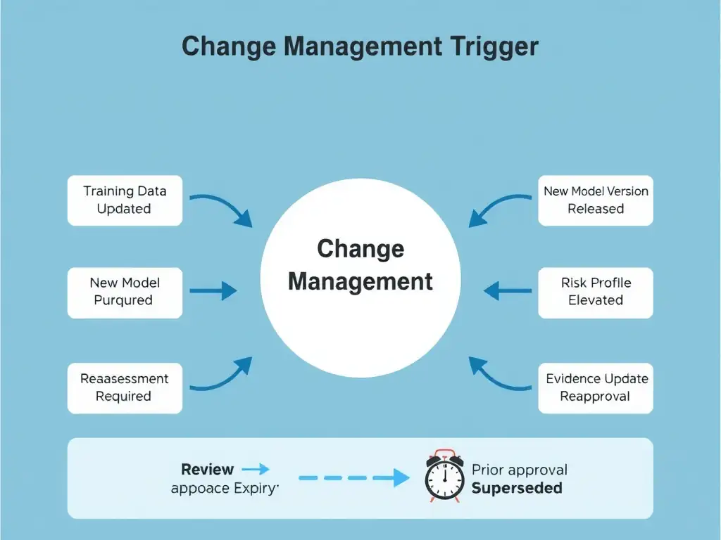 A version timeline for an AI model showing v1.0 with an approved governance stamp, then a 'Material Change Event' marker followed by a mandatory 'Reassessment Required' gate before v2.0 is approved. A second timeline labeled 'No Change Management' skips the gate and deploys v2.0 directly, with a red 'Governance Gap' flag. IBM watsonx.governance icons annotate the gate: risk re-evaluation, updated factsheet, new sign-off signature.