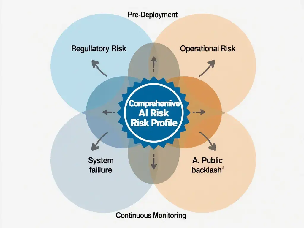 A four-quadrant risk matrix with axes for 'Likelihood' and 'Impact,' populated with AI risk examples across four categories: Regulatory (top-right, red), Ethical (top-left, orange), Operational (bottom-right, yellow), and Reputational (bottom-left, yellow). Each quadrant has representative risk items (e.g., bias violation, regulatory fine, system outage, brand damage). An IBM watsonx.governance risk register icon sits in the center, collecting and routing each risk to the appropriate governance control.