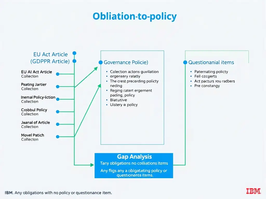 A three-column layout showing: left column — organizational governance obligations (GDPR, internal AI policy, sector regulation) as a checklist; center column — IBM watsonx.governance policy configuration interface with questionnaires and workflow settings mapped to each obligation; right column — approved policy confirmation with sign-off status. Red X marks appear in the center column where default text has not been mapped to obligations, illustrating the gap between out-of-the-box setup and configured governance.