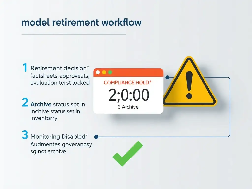 A lifecycle timeline ending at the 'Retirement' stage, where an AI model transitions from 'Active' to 'Archived' with a preservation vault icon holding all associated evidence: factsheets, evaluation records, approval history, and audit logs. A split path shows the correct archive route (evidence preserved, model deactivated in inventory) versus an incorrect deletion route (all records destroyed, red X marks throughout). Retention period labels indicate regulatory evidence-hold requirements.