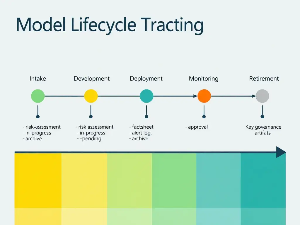 A horizontal lifecycle pipeline with six stages represented as connected nodes: Intake, Development, Validation, Deployment, Monitoring, Retirement. Each node has an IBM watsonx.governance artifact icon (factsheet entry, evaluation record, approval stamp, monitoring dashboard, retirement archive). Arrow labels between nodes show the governance handoff at each transition. A second abbreviated pipeline starts only at 'Deployment' with a red 'Tracking Gap' warning covering the first four stages.
