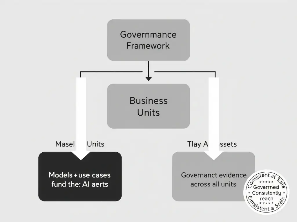A hub-and-spoke diagram with 'Governance Operating Model' at the center and four spokes labeled Ownership, Policies, Workflows, and Evidence. Each spoke connects to a team icon (data science, legal, risk, business) showing how a shared governance model scales across departments. A contrasting panel shows four isolated team boxes with different, incompatible approval icons and 'No Shared Model' text, illustrating governance fragmentation when each team invents its own approach.