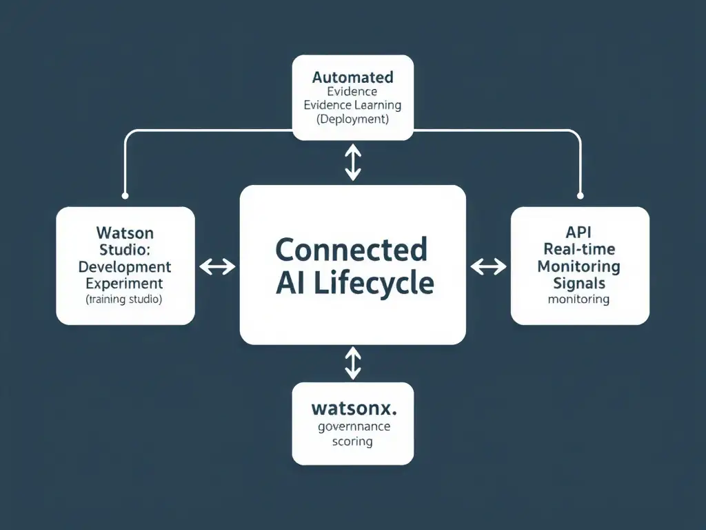 A pipeline diagram with three connected stages: Model Development (IBM Watson Studio icon on the left), Governance Platform (watsonx.governance icon in the center), and Deployment/Monitoring (cloud deployment icon on the right). Bidirectional arrows between stages are labeled 'Automated Evidence Collection' and 'Live Monitoring Feed.' A contrast inset shows the governance platform isolated with manual data-entry icons at each connection point and a 'Transcription Error Risk' warning badge.