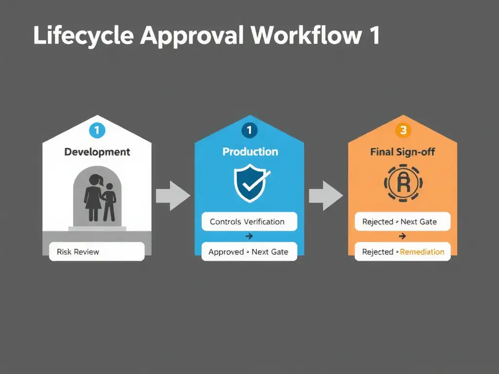 A horizontal lifecycle bar divided into stages: Intake, Development, Validation, Deployment — each with a structured approval gate icon showing a checklist, reviewer badge, and sign-off signature. Flow arrows connect each gate in sequence with IBM watsonx.governance branding on each checkpoint. A contrast path below the bar shows an informal 'Email Thread' path skipping all gates and arriving at deployment with a red 'Unapproved' stamp and an audit-failure warning flag.