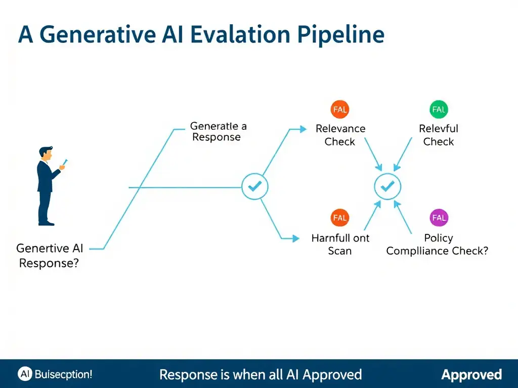 A four-quadrant evaluation scorecard for a generative AI response, with each quadrant labeled: Groundedness (fact vs. source), Relevance (answer matches query), Harmful Content (safety check), Policy Compliance (org rules). Each quadrant shows a numeric score and a pass/fail badge. A sample AI response in the center has color-coded annotation lines connecting each sentence to its corresponding evaluation quadrant. A contrast badge labeled 'Length Only' shows a single metric with a large red X.