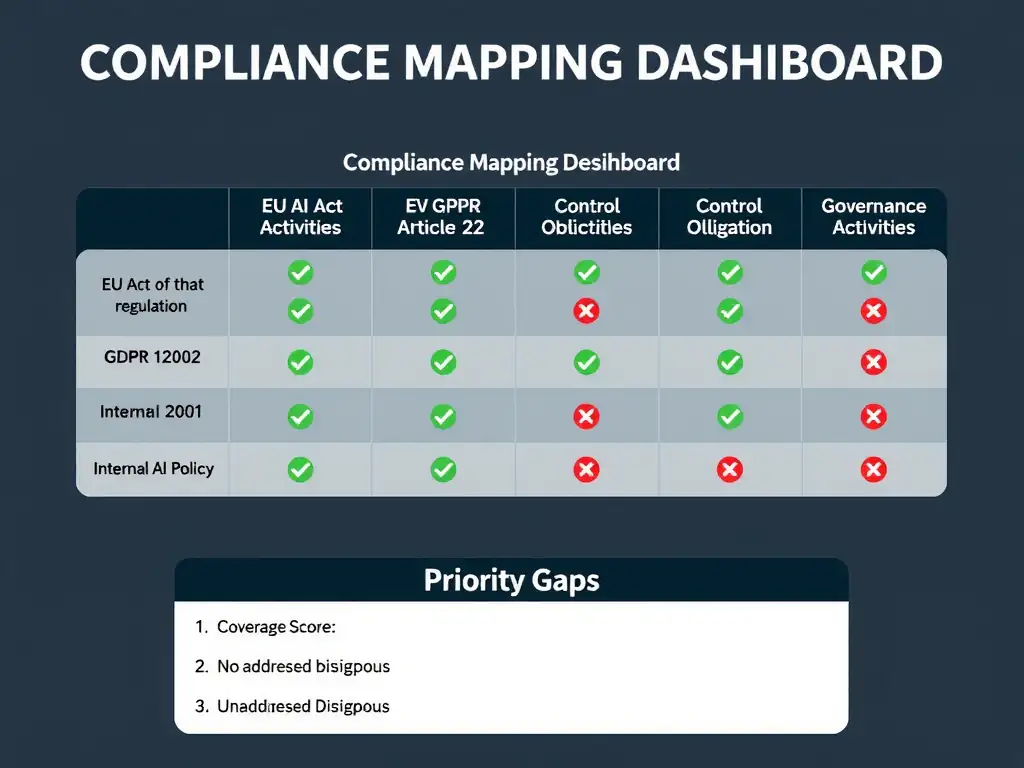 A governance map showing multiple overlapping regulatory frameworks — GDPR, EU AI Act, NIST AI RMF, internal policy — as colored overlay zones on a shared 'AI Governance Activities' grid. Each grid cell shows which activities (bias audit, data lineage, impact assessment) are required by which framework, with IBM watsonx.governance as the implementing platform. A contrast inset shows a single-policy box applied uniformly across all jurisdictions with red X marks where requirements are missed.