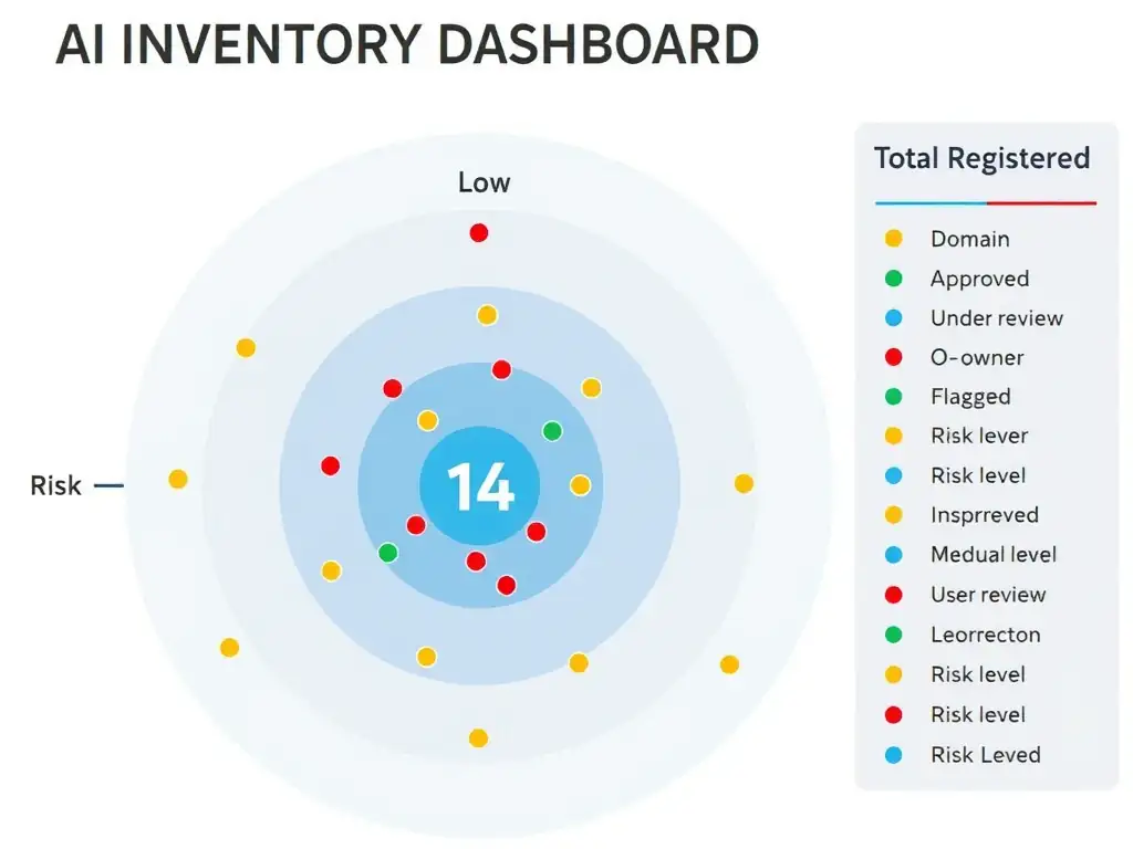 A structured dashboard view showing an AI use-case registry with columns for use case name, owner, risk level, assessment status, and governance workflow stage. Colored status badges (green=governed, yellow=in-review, red=unregistered) highlight the value of structured inventory versus an inset showing scattered sticky notes representing informal tracking. IBM blue header bar with the watsonx.governance logo anchors the layout, with arrows flowing from registration through assessment to governance approval.