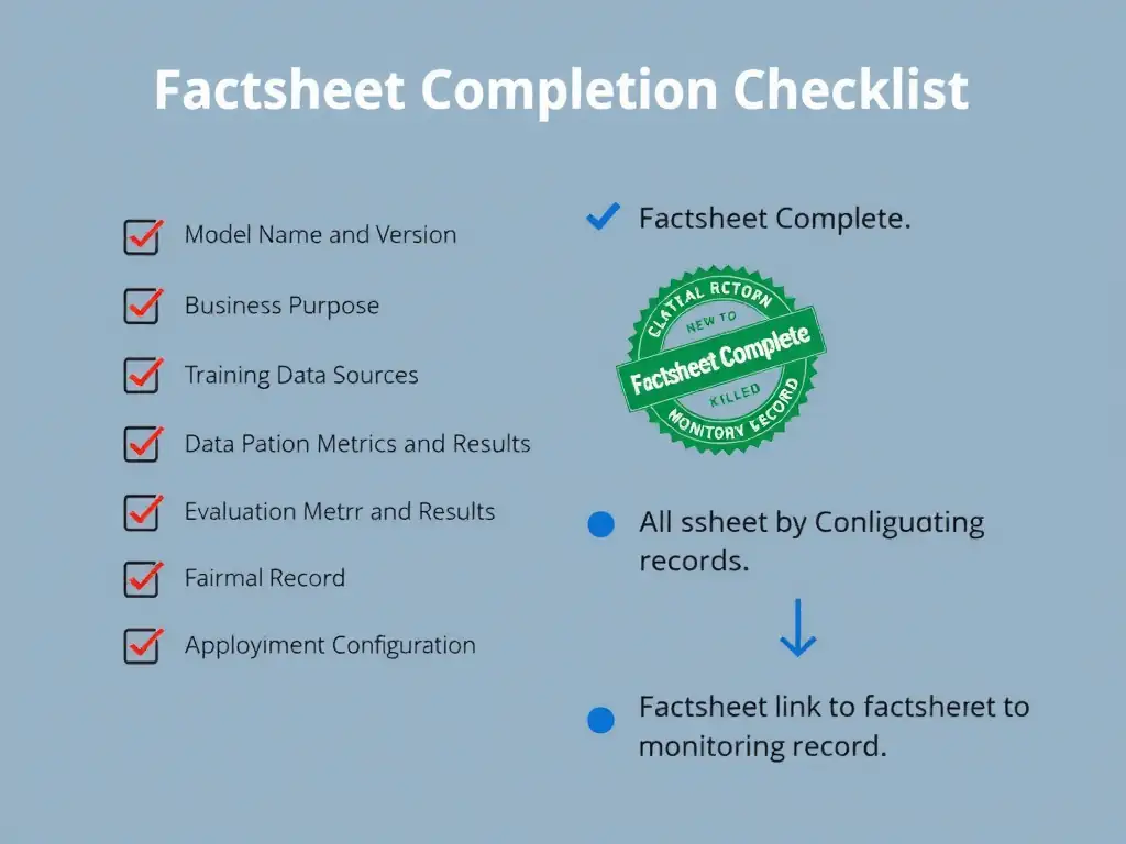 A split view showing an IBM watsonx.governance factsheet on the left — with sections for model purpose, data lineage, evaluation results, and key decisions — next to a blank slide deck on the right labeled 'Missing Evidence.' Flow arrows trace how factsheet entries connect to audit review, regulatory inquiry, and compliance sign-off. Warning icons flag the slide deck path at each point where evidence would be required but unavailable.