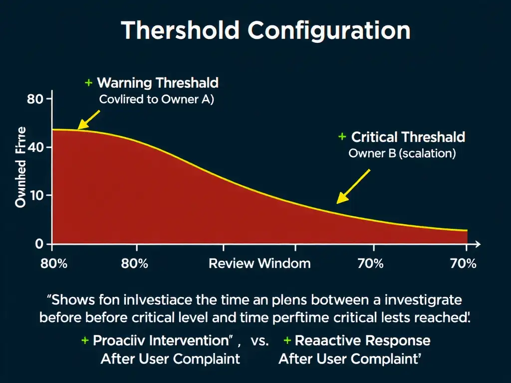 A monitoring dashboard timeline showing a model's fairness score trending downward, with a threshold line marked 'Alert Zone' crossed well before the 'Operational Damage' line at the bottom. An alert notification badge appears at the threshold crossing, routing to a named model owner with a remediation task. A second timeline labeled 'No Threshold Set' shows the same metric crossing into damage territory with no notification, illustrating the governance gap.