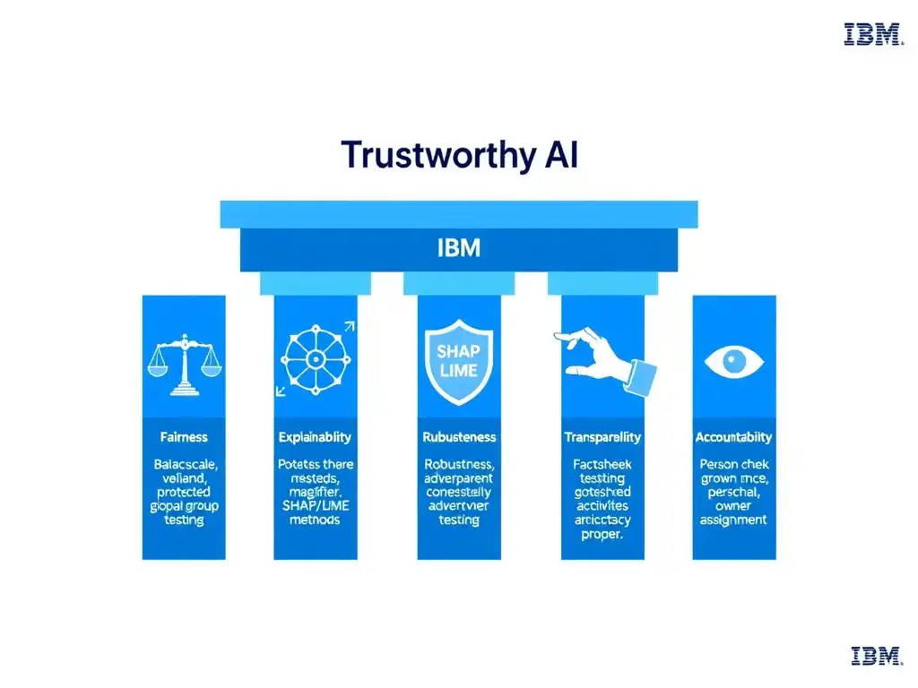 A pentagon diagram with five labeled vertices: Fairness, Explainability, Robustness, Transparency, and Accountability — each vertex connected to a concrete IBM watsonx.governance control. The pentagon interior is shaded IBM blue when all five pillars are active; a second, greyed-out version shows only one vertex active labeled 'Accuracy Only,' with the remaining four vertices dark. A callout box links the complete pentagon to 'Trustworthy AI' and the incomplete one to 'Compliance Risk.'