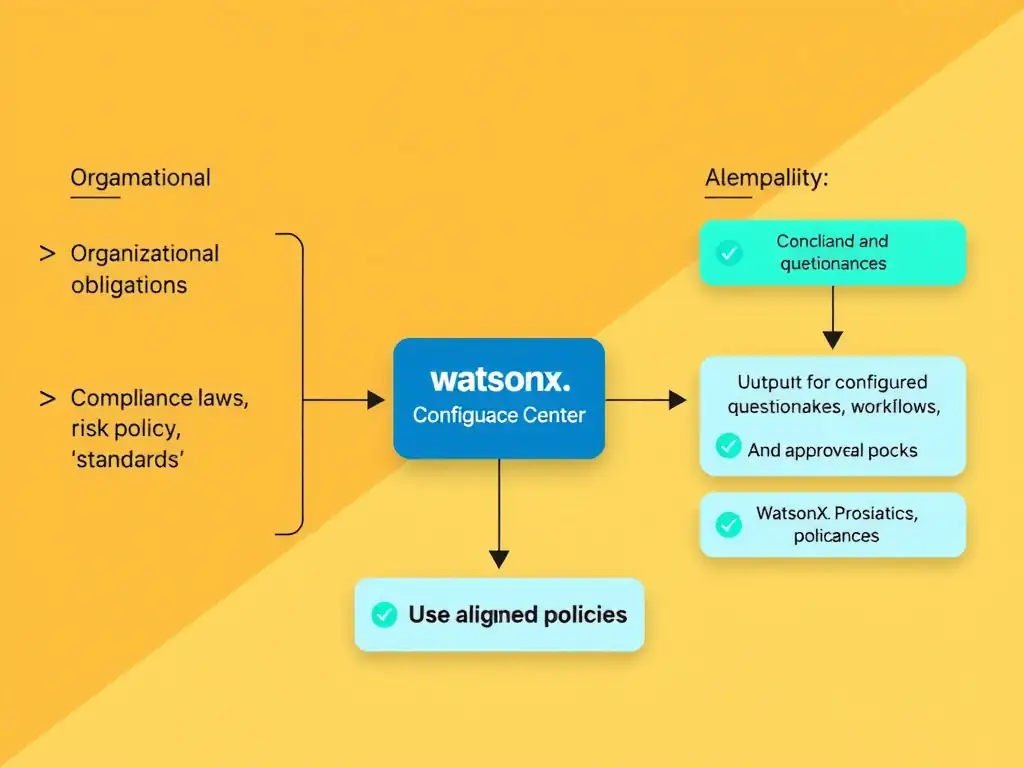 Visual diagram showing the relationship between organizational obligations (compliance laws, risk policies, standards) on the left, connecting through a watsonx.governance policy configuration center, with outputs of configured questionnaires, workflows, and approval paths on the right. Use blue and teal colors with checkmarks on aligned policies.