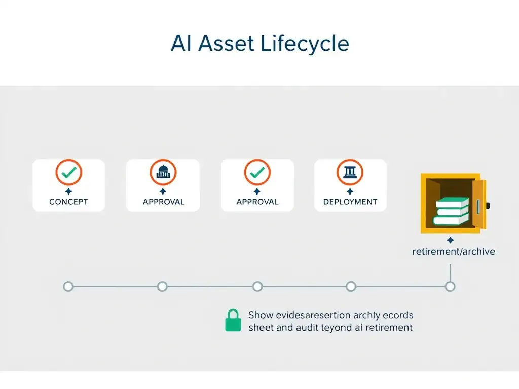 Timeline visualization showing an AI asset lifecycle: concept → development → approval → deployment → monitoring → retirement/archive. Show checkmarks for each governance touch point, with evidence preservation depicted as a locked archive vault storing compliance records and audit trails beyond the retirement point.
