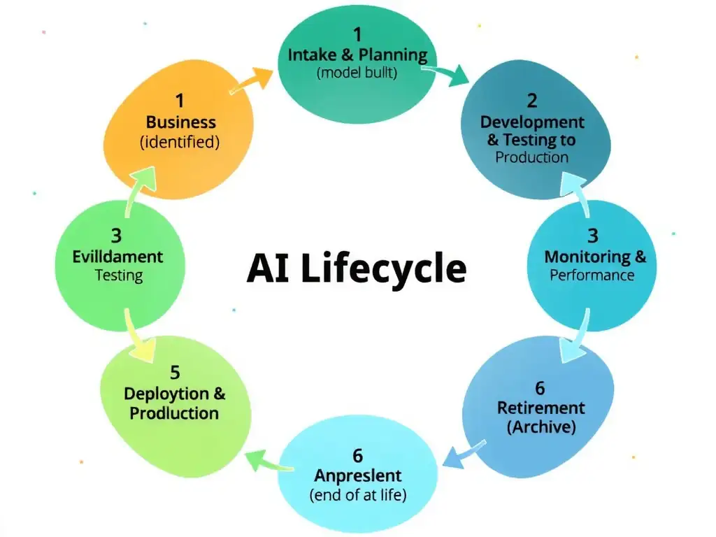 Circular or linear flow diagram showing the complete AI lifecycle: 1. Intake & Planning (business need identified), 2. Development (model built), 3. Validation & Testing (performance checked), 4. Deployment (moved to production), 5. Monitoring & Performance (ongoing observation), 6. Retirement/Archive (end of life). Each stage has evidence collection icons (checkmarks, records, approvals), illustrating continuous governance.