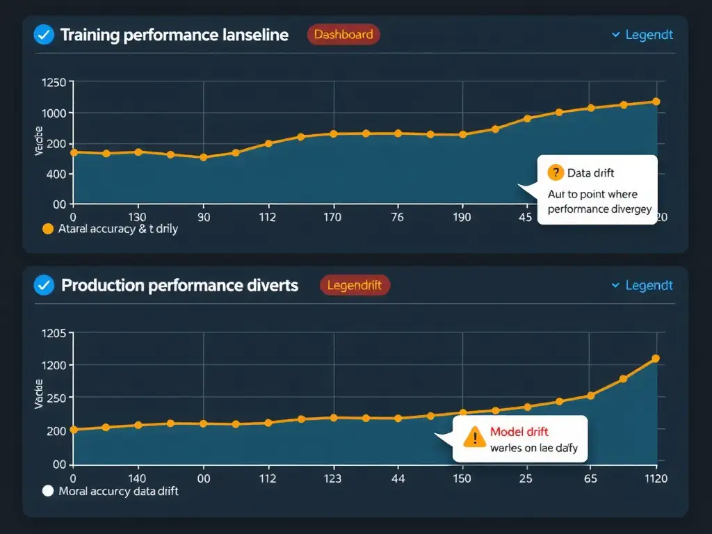 Dashboard showing two parallel monitoring timelines: (top) training performance baseline with a stable accuracy line, (bottom) production performance over time with visible degradation due to data drift. Show alert notifications at the point where performance diverges, with red warning indicators. Include legend showing data drift (red) and model drift (orange).