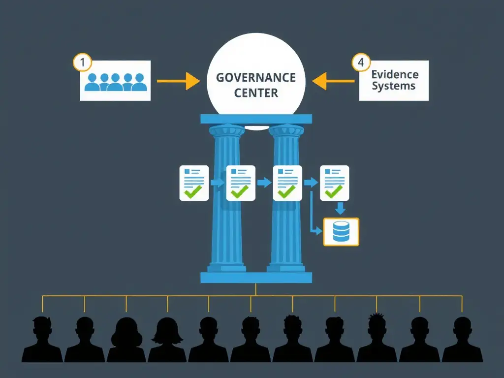 Organizational chart showing a governance center with four pillars extending from it: (1) Ownership (people icons with clear roles), (2) Policies (document icons with checkmarks), (3) Workflows (flow diagram showing structured approval steps), and (4) Evidence Systems (database/archive icons). Show multiple team circles at the bottom connected to all four pillars.