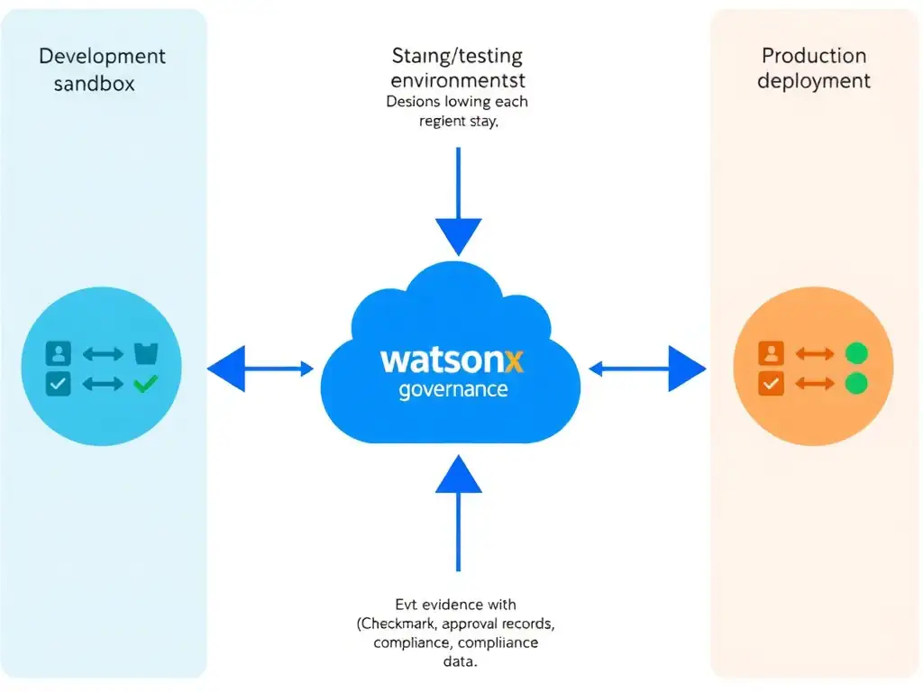Architecture diagram showing three connected environments: (left) Development sandbox, (center) Staging/testing environment, (right) Production deployment. watsonx.governance platform is positioned centrally with bidirectional arrows connecting to all three environments. Show evidence flows (checkmarks, approval records, compliance data) moving from each environment into the governance hub.