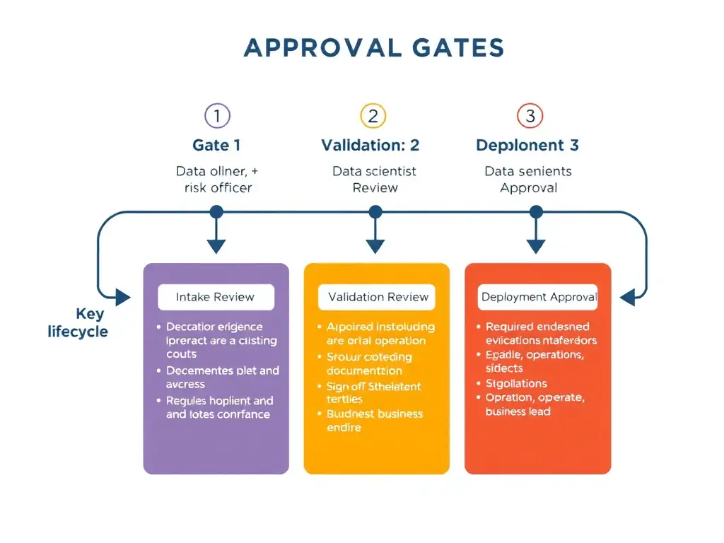 Workflow diagram showing approval gates at key lifecycle stages: Intake Review (gate 1 with stakeholders: data owner, risk officer), Validation Review (gate 2 with stakeholders: data scientist, compliance), Deployment Approval (gate 3 with stakeholders: operations, business lead). Each gate shows required evidence (checklist, documentation) and sign-off signatures.