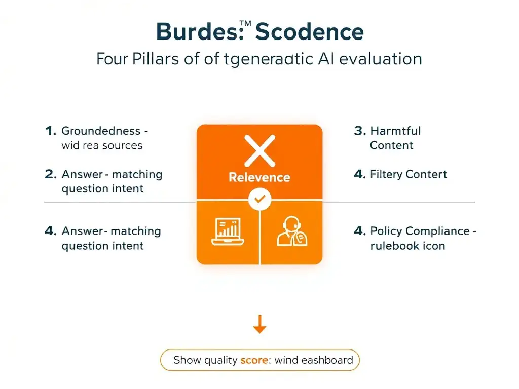 Evaluation rubric visualization showing four pillars of generative AI evaluation: (1) Groundedness - source verification with checkmark on real sources and X on hallucinations, (2) Relevance - answer matching question intent, (3) Harmful Content - filter for bias and misinformation icons, (4) Policy Compliance - rulebook icon. Show quality score dashboard aggregating results.
