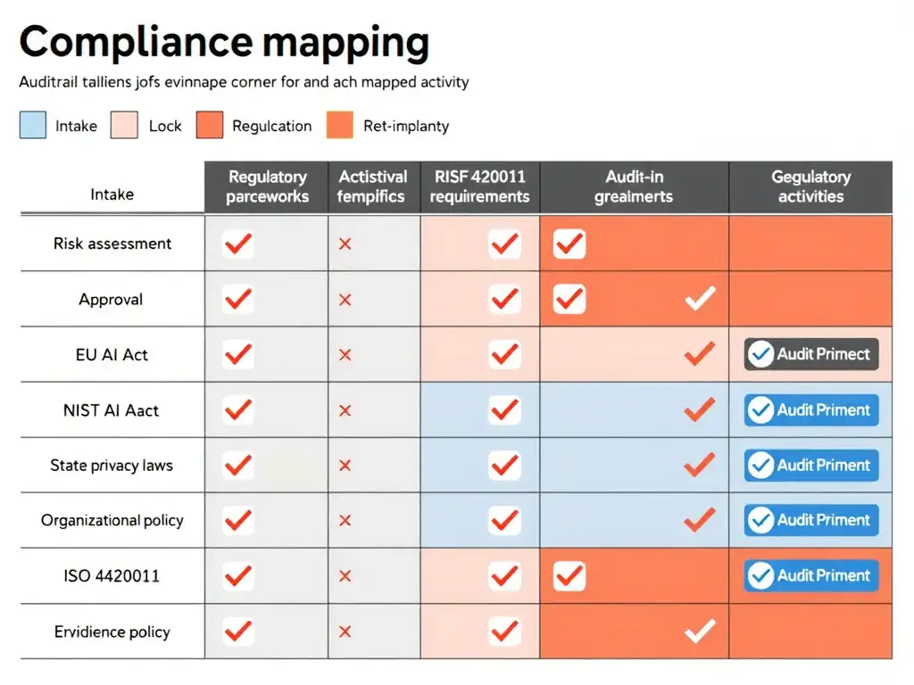 Compliance mapping matrix showing: (left column) governance activities (intake, risk assessment, approval, monitoring, retirement), (top row) regulatory frameworks (EU AI Act, NIST AI RMF, state privacy laws, ISO 42001, organizational policy). Cells show checkmarks where activities map to requirements. Include audit trail icons showing evidence collection for each mapped activity.