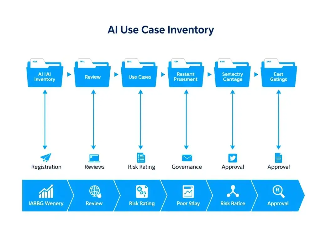 An infographic showing a structured AI use case inventory as a digital filing system with labeled folders for different AI use cases, each connected by workflow arrows to review, assessment, and governance stages. Include icons for registration, risk rating, and approval checkpoints along a horizontal pipeline. Use a clean blue and white color scheme with IBM-style iconography.