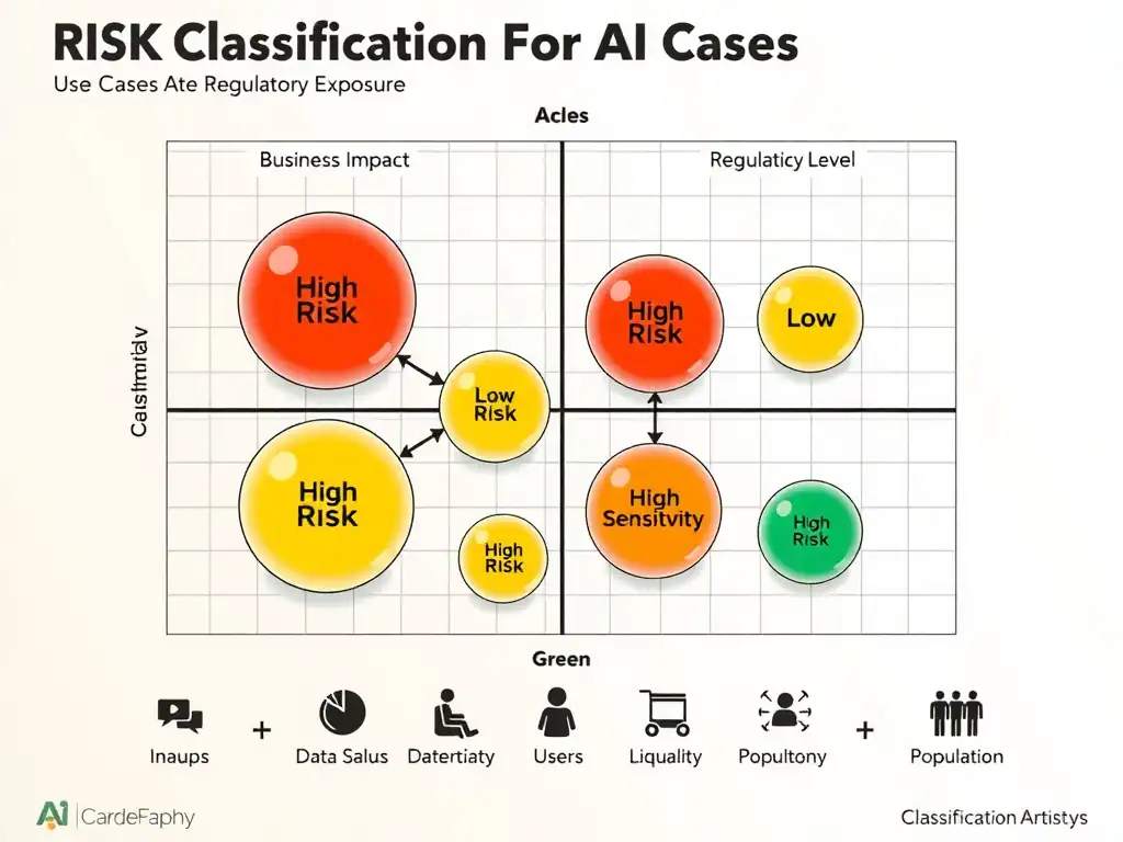 An infographic showing a risk classification matrix for AI use cases, with axes for business impact and regulatory exposure, and bubbles representing different use cases sized by automation level. Color-code bubbles red (high risk), yellow (medium), and green (low). Include icons for data sensitivity and user population categories along the bottom as additional classification dimensions.