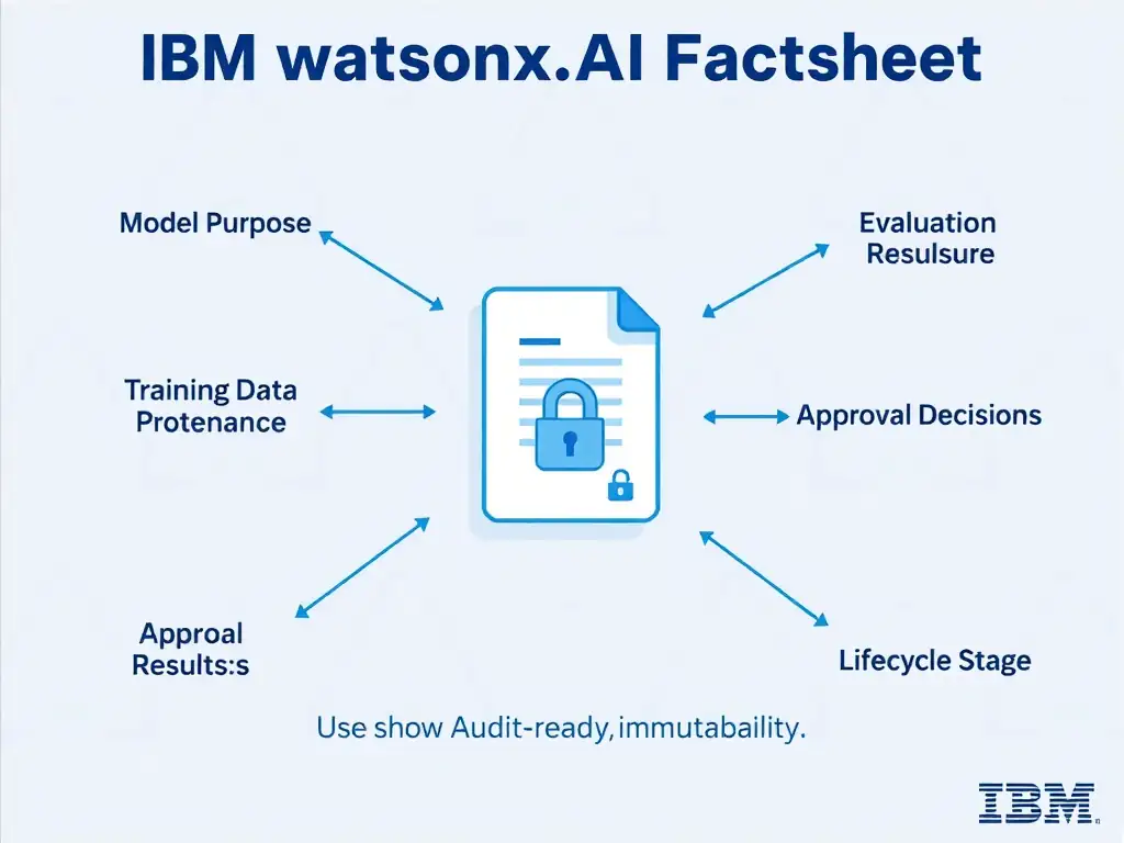 An infographic showing an IBM watsonx.governance AI Factsheet template with labeled sections: Model Purpose, Training Data Provenance, Evaluation Results, Approval Decisions, and Lifecycle Stage. Use a document icon at center with connecting lines to each section category, and show a padlock symbol indicating audit-ready immutability. Style in blue and white with clean professional typography.