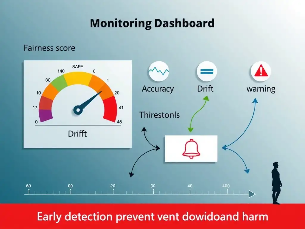 An infographic illustrating a monitoring dashboard for an AI model, showing gauge charts for fairness score, accuracy, and drift with colored threshold zones: green (safe), yellow (warning), and red (critical). Arrows show alert flow from a crossed threshold line to a notification bell icon and then to a reviewer figure. Include a timeline showing early detection preventing downstream harm.