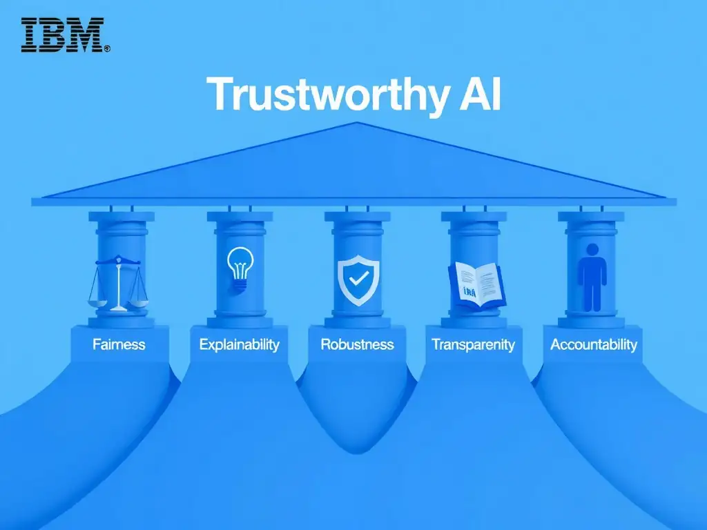 An infographic showing five interconnected pillars labeled Fairness, Explainability, Robustness, Transparency, and Accountability, each with a distinctive icon — balanced scale, lightbulb, shield, open book, and person with checkmark respectively. The pillars support a roof labeled Trustworthy AI. Use IBM blue as the primary color with clean sans-serif typography.