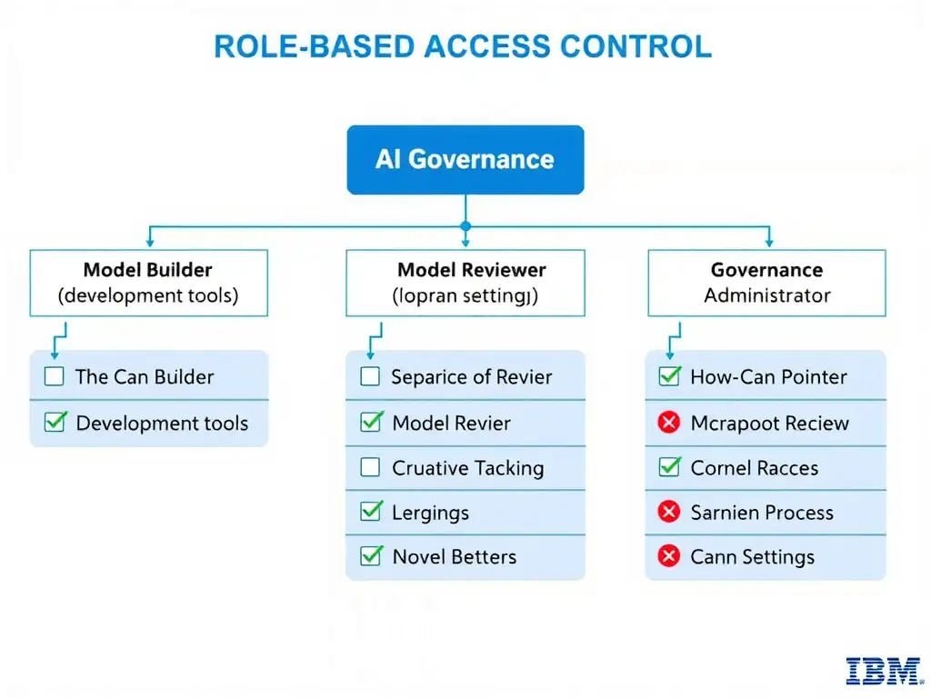 An infographic showing a role-based access control diagram for AI governance with three distinct role lanes: Model Builder (with development tools), Model Reviewer (with approval checkboxes), and Governance Administrator (with system settings). Dotted lines show what each role can and cannot access. Include a separation of duties symbol between the Builder and Reviewer lanes. Use a clean organizational chart style with IBM blue accents.