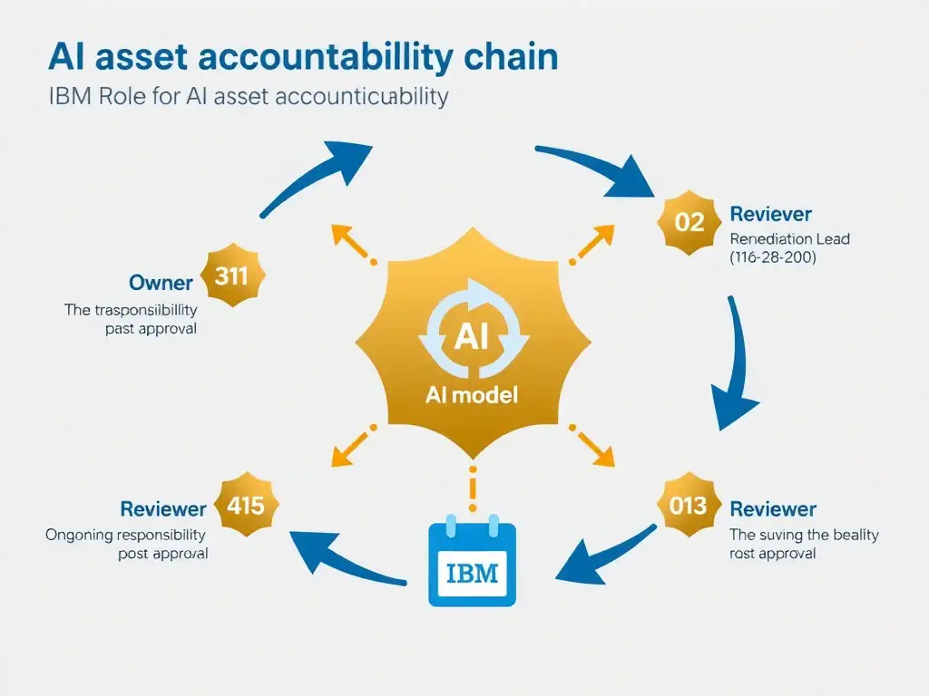 An infographic depicting an AI asset accountability chain with a central AI model icon connected to named roles: Owner, Reviewer, and Remediation Lead, each with a timestamp and status badge. Show arrows indicating ongoing responsibility post-approval with a calendar icon emphasizing continuous accountability. Use a flowchart style with IBM blue and gold colors to highlight the accountability loop.