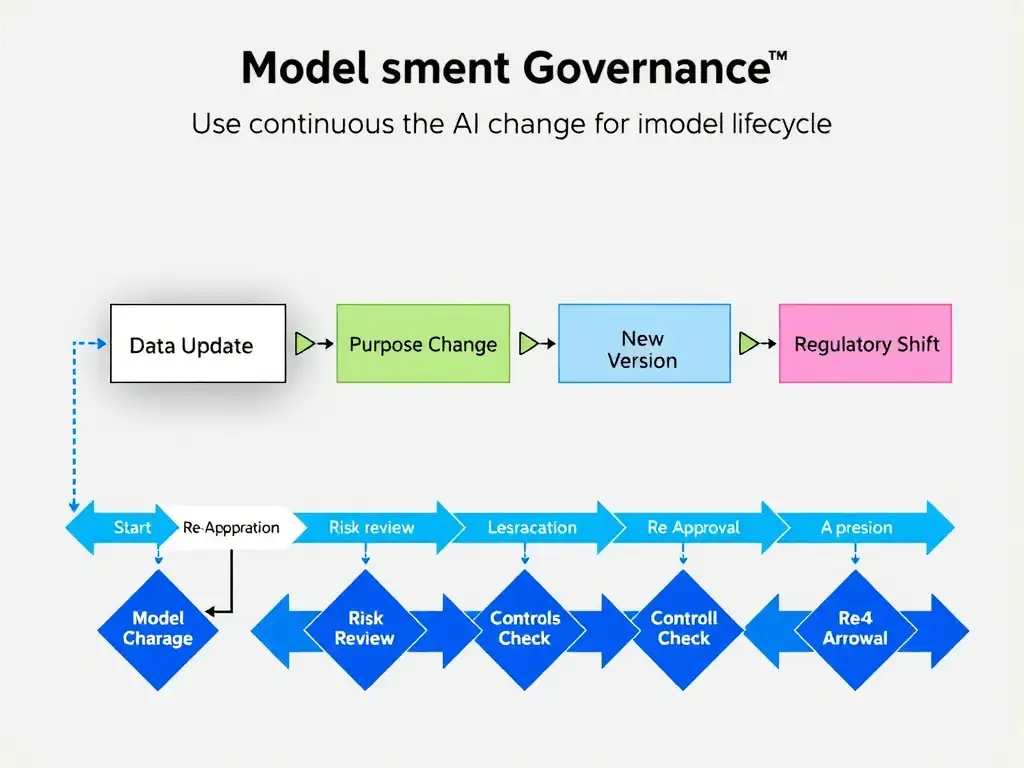 An infographic showing a model lifecycle timeline with reassessment trigger points labeled: Data Update, Purpose Change, New Version, and Regulatory Shift. Each trigger branches to a reassessment workflow box containing risk review, controls check, and re-approval steps. Use a horizontal flow with color-coded decision diamonds and IBM blue arrows indicating the continuous nature of AI change governance.