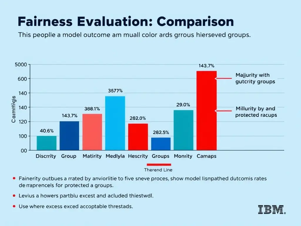 An infographic showing a fairness evaluation comparison chart with multiple demographic group bars displayed side by side, comparing model outcome rates across groups. Highlight disparities with color contrast between the majority group bar and minority group bars. Include a fairness threshold line and a legend explaining protected attributes. Use a bar chart format with IBM blue and red color coding to show where disparities exceed acceptable thresholds.