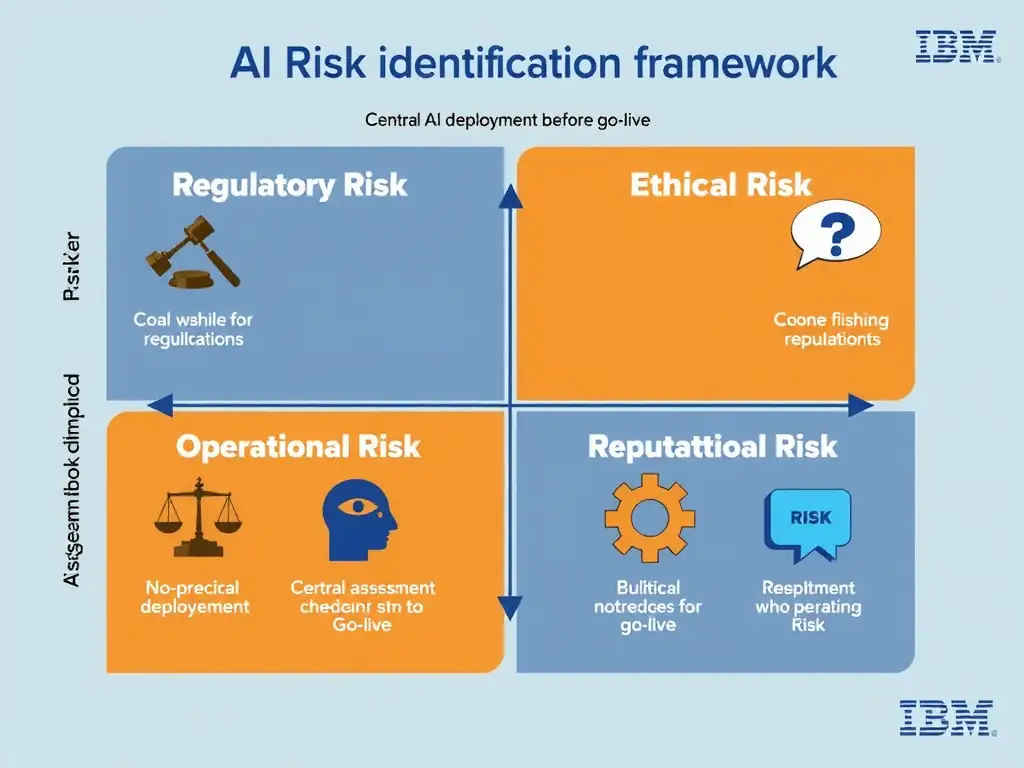 An infographic showing a four-quadrant AI risk identification framework with quadrants labeled Regulatory Risk, Ethical Risk, Operational Risk, and Reputational Risk. Each quadrant contains example risk items and icons — gavel for regulatory, balance scale for ethical, gear for operational, speech bubble for reputational. Show a central AI deployment timeline with risk assessment checkpoints before and after go-live. Use IBM blue and orange color scheme.