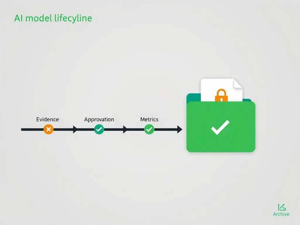 Timeline diagram showing an AI model lifecycle from active deployment through deprecation phases, ending in an archive folder with a lock icon and documents labeled 'Evidence,' 'Approvals,' and 'Metrics' neatly organized inside. Use amber for deprecation, green checkmark for archived.