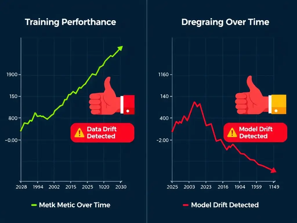 Split-screen comparison showing a sharp upward trend line labeled 'Training Performance' on the left, and on the right the same metric degrading over time (declining curve) with red alert markers labeled 'Data Drift Detected' and 'Model Drift Detected.' Include timestamps and a thumbs-up vs warning icon.
